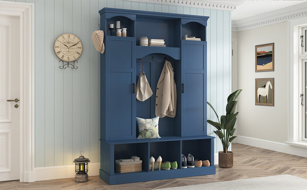 English Elm On-trend Farmhouse Hall Tree with Dual Cabinets Seven Hooks and Arched Entryway Storage Blue N721S000078C