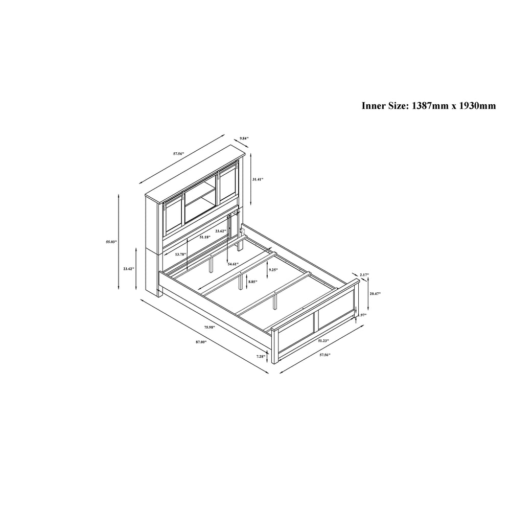 English Elm Avery Beige Full Bed with Bookcase Headboard, Black Bar Detail, Low Profile Solid Wood Design B201S00398