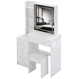 English Elm 37" Vanity Table Set with Led Mirror Stool Built-in Outlets and Hair Dryer Storage White W3258P448846