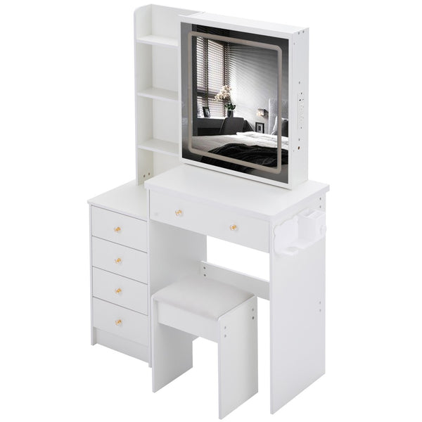 English Elm 37" Vanity Table Set with Led Mirror Stool Built-in Outlets and Hair Dryer Storage White W3258P448846