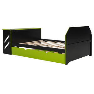 English Elm Full Size Wood Daybed with Twin Trundle Desk and Usb Charging for Teen Rooms Green LT000262AAG