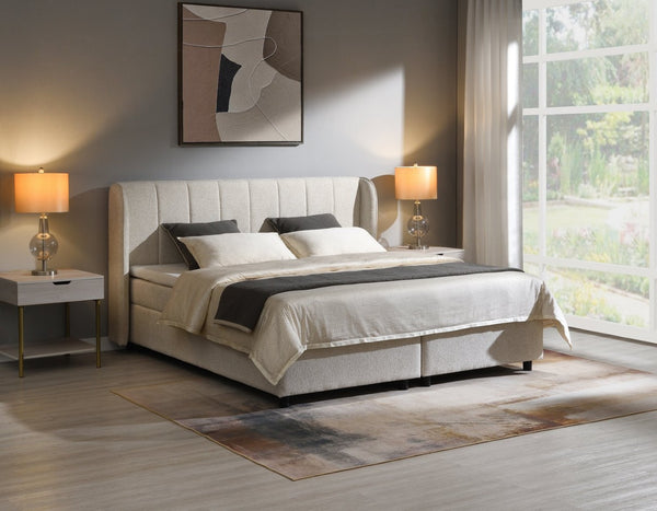 English Elm Adonia Queen Storage Bed Beige Chenille Upholstered Padded Headboard Footboard B2756S00010