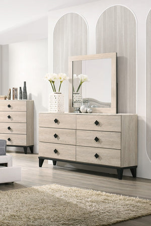 English Elm Modern Chest of Drawers with Faux Marble Top and Black Square Hardware - 4-Drawer Storage Accent Piece Cream 19 L x 34 W x 65 H B011P395428