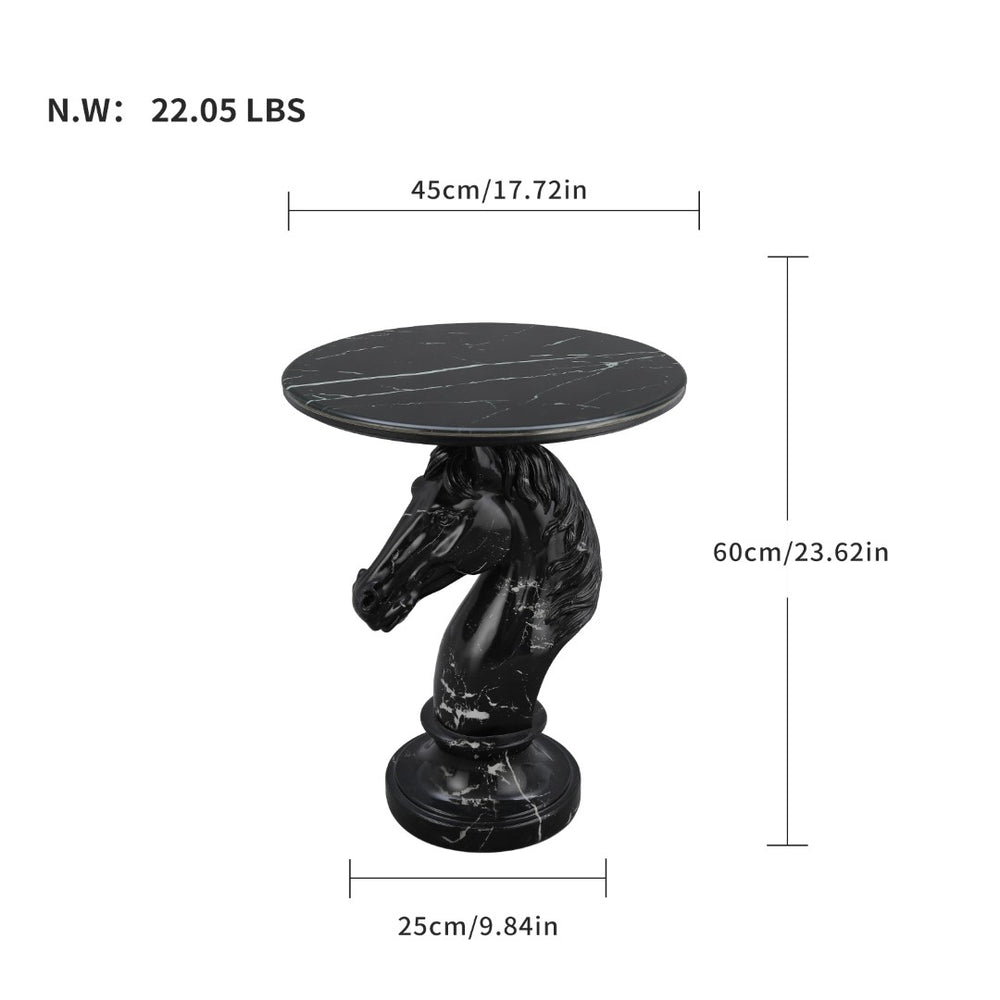 English Elm Horse Head Sculpted Resin End Table with Faux Marble Top for Bold Living Rooms Black W5398P454679