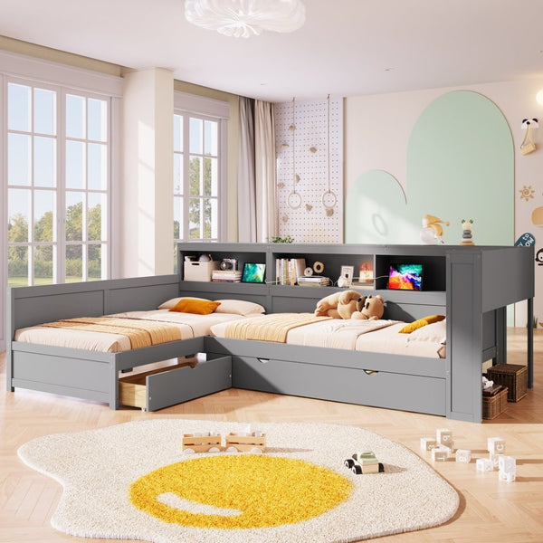 English Elm Wood Twin L-shaped Platform Bed Trundle Shelves Charging Station Kids Room Grey N7090001045E-1