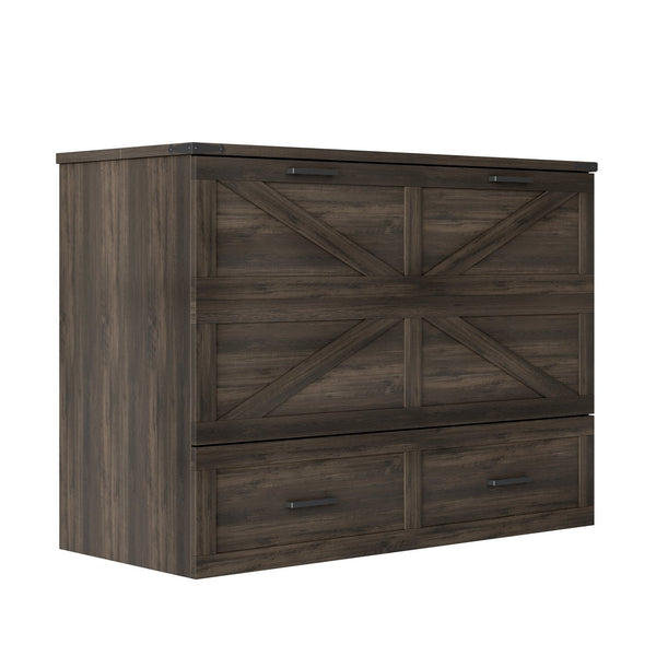 English Elm Full Farmhouse Murphy Cabinet Bed with Charging Station and Large Drawers, Space-Saving Guest Solution Gray 52.25 L x 26.25 W x 5.25 H N733S237853G