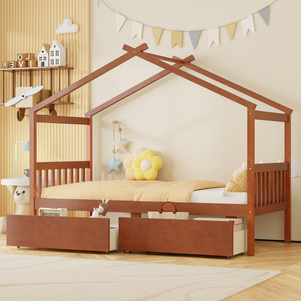 English Elm Twin House Bed Solid Pine Kids Cottage Frame with Storage Drawers Imaginative Room Walnut N708P309245L