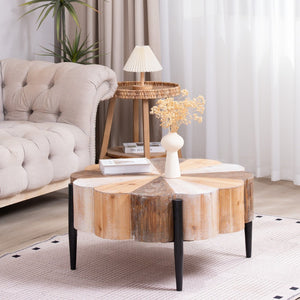English Elm Rustic Flower Shaped Wood Coffee Table with Metal Legs Distressed Finish Living Room W2729P353716