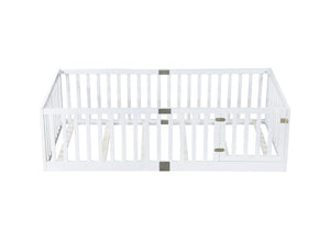 English Elm Twin Floor Bed Solid Rubber Wood with Tall Safety Railings for Toddler Sleep White W504P287652