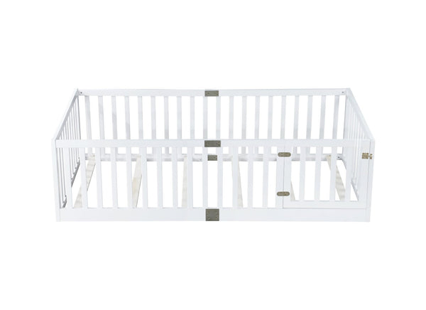 English Elm Twin House Frame Floor Bed Rubberwood with Roof Canopy and Safety Rails for Kids White W504P429538