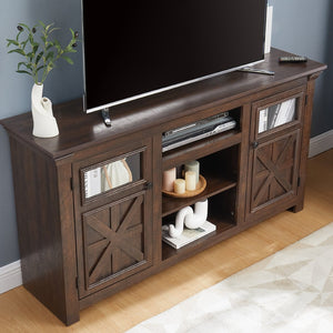 English Elm 2 Door Farmhouse Media Console with Glass Cabinet Panels and Open Shelving for Living Rooms W2275P389693