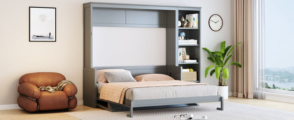 English Elm Queen Size Murphy Bed With Integrated Desk & Bookshelf – Stylish Gray Space-Saving Solution! N7090004016E-GIGA