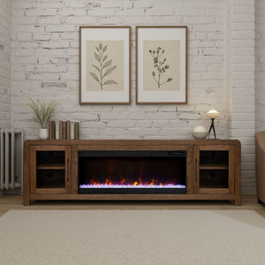 English Elm Haven 82-Inch Fireplace Tv Stand With Glass Doors, Fits Tvs Up To 90", Oak Bourbon Finish, Easy Assembly B108P364421