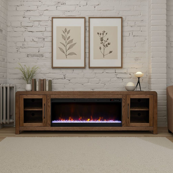 English Elm Haven 82-Inch Fireplace Tv Stand With Glass Doors, Fits Tvs Up To 90", Oak Bourbon Finish, Easy Assembly B108P364421