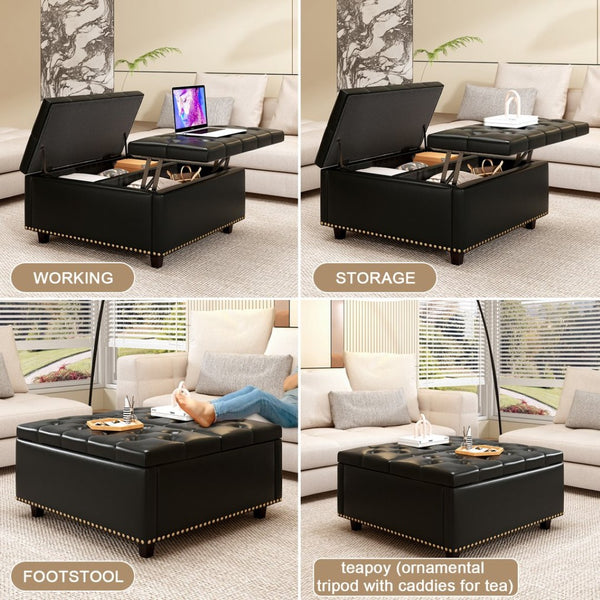 English Elm Large Tufted Pu Leather Ottoman with Bronze Rivets Mid-century Storage Footrest W2113P182630