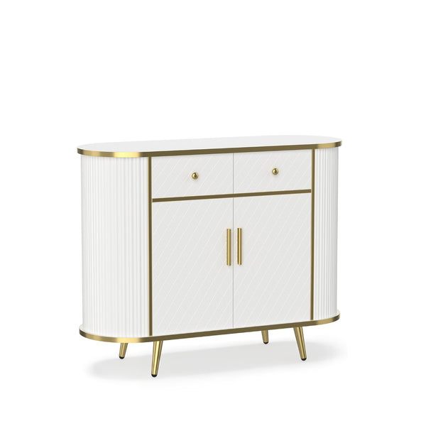 English Elm Luxury Fluted Curved Sideboard with Golden Legs Sculptural White Storage for Entryway T3773P417294