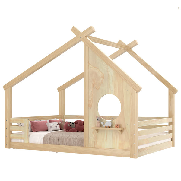 English Elm Full House Floor Bed with Roof Window and Shelf – Solid Pine Kids Loft-Style Low Bed, Durable Design Natural W1580P362703