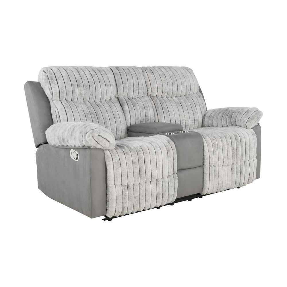 English Elm Bruni Grey Plush Console Reclining Loveseat with 2 Cup Holders, Manual Recline, Polyester Comfort B201P299731