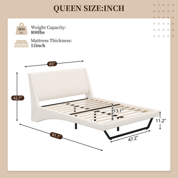 English Elm Queen Pu Leather Platform Bed Sculptural Wave Base Floating Silhouette Modern Bedroom White N761S0000031W