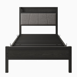 English Elm Twin Twin Size Bed Frame with Storage Headboard & Charging Station, Gray Upholstered, Sturdy 300lb Support W840P179116