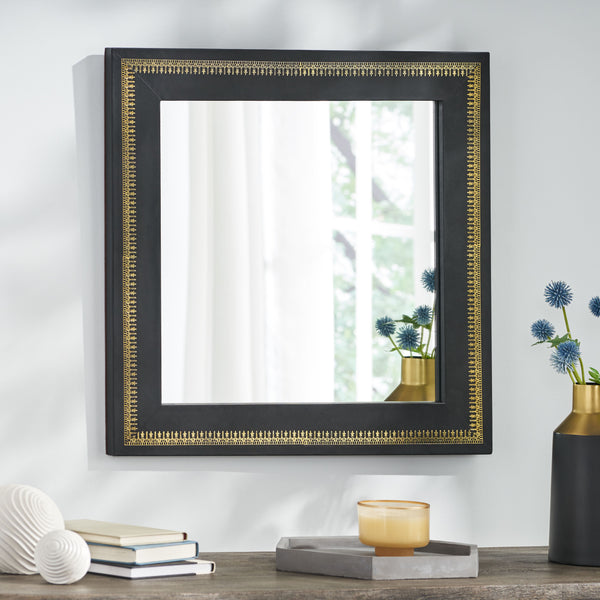 English Elm Christopher Knight Home® - Wall Black Mirror Handcrafted Leather Frame with Gold Embossing — Boho Tempered Glass Accent (27") 68949.00