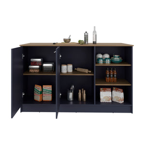 English Elm Kitchen Island Alby Blue & Natural Oak with 2 Doors, 6 Shelves for Compact Kitchens and Prep Space Blue Multi 63.78 L x 31.1 W x 3.54 H B097S00221