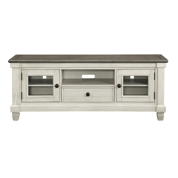 English Elm 1pc TV Stand Granby Collection 64" Two-Tone Wood Media Console with Glass Doors, Drawers & Shelves Antique White 67 L x 21 W x 24 H B011P289729