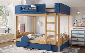 English Elm Full Bunk Bed with Trundle Bookshelf Storage Pine Frame Car Design for Kids Blue,Natural W1580S00445