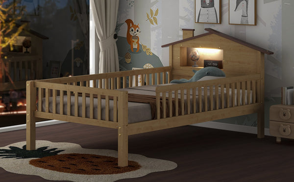 English Elm Twin House-Shaped Platform Bed with Built-In Storage, LED Accent Lighting and Rustic Pine Charm (95) Natural N709P184429M