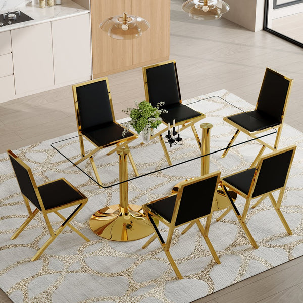 English Elm Table Set Oval Tempered Glass Top Gold Column Base with Eight Pu Leather Dining Chairs Black+Gold,Transparent W1151S04770
