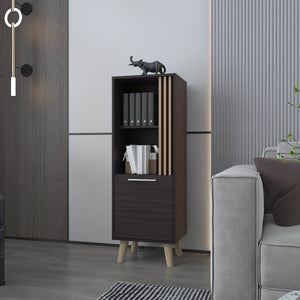 English Elm Ac Chin Storage Cabinet Wengue & Natural Oak — Mid-Century Compact Shelf with Door, Conical Legs, Versatile Elegance B128P263716