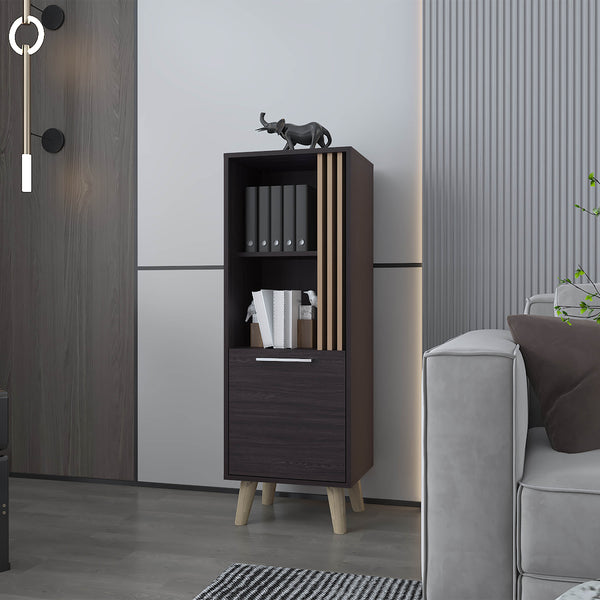 English Elm Ac Chin Storage Cabinet Wengue & Natural Oak — Mid-Century Compact Shelf with Door, Conical Legs, Versatile Elegance B128P263716