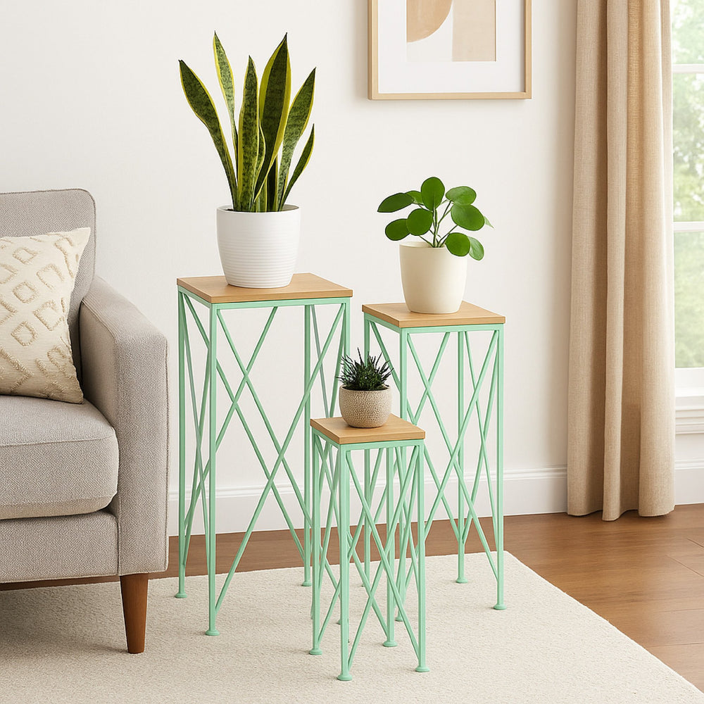 English Elm Mito Three Piece Nesting Plant Stand Set with X Cross Metal Base and Wood Tops Brown+Green B056P416914