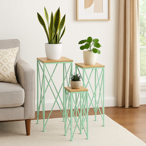 English Elm Mito Three Piece Nesting Plant Stand Set with X Cross Metal Base and Wood Tops Brown+Green B056P416914