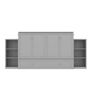 English Elm Queen Murphy Wall Bed with Open Shelves and Drawers for Guest or Office Rooms Light Gray W5316S00008