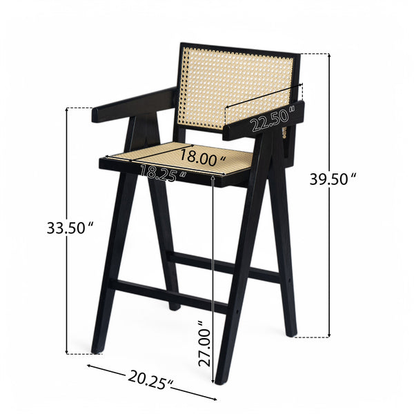 English Elm Christopher Knight Home® - 27'', Modern minimalist bar stool set of 2 with cane PE rattan seats, solid rubberwood frame, durable craft finish Black,Natural N780P237929B