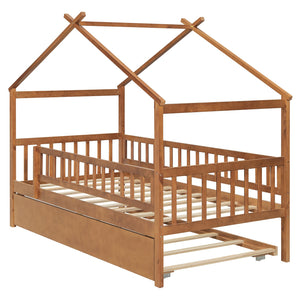 English Elm Twin House Bed with Trundle Solid Pine Frame Walnut Kids Bedroom Sleepover N708P357115L