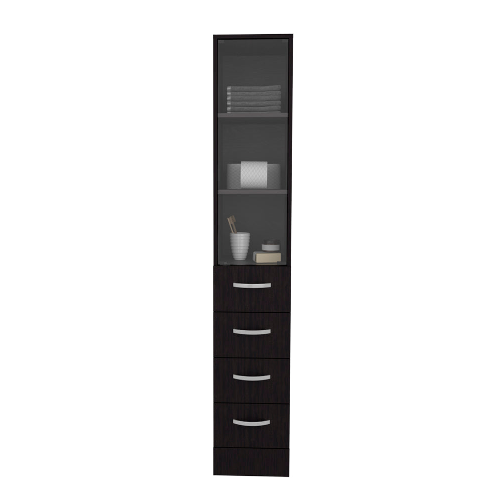 English Elm Linen Cabinet Epic Black — Tall Engineered Wood Bathroom Storage with Glass Door, 3 Shelves & 3 Drawers B092S00293