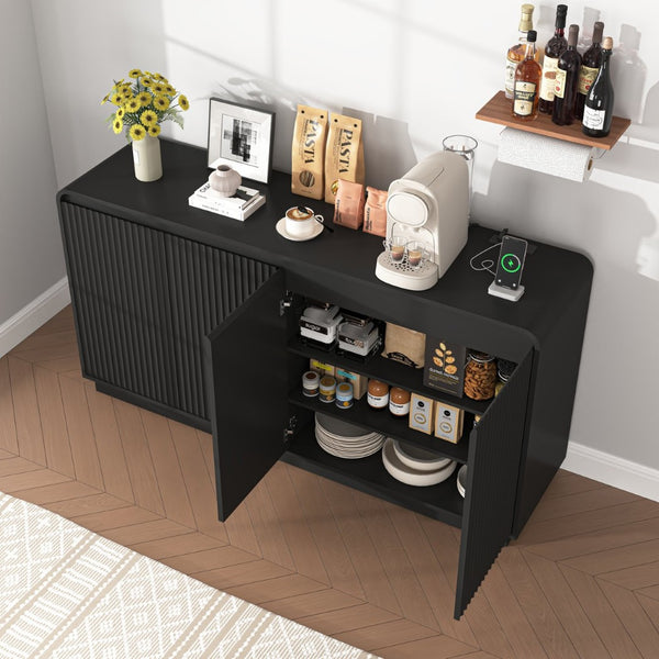 English Elm Black Fluted Wave Door Media Console with Built-in Power Outlet and Adjustable Shelving Black W409P452057