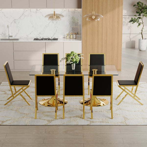 English Elm Table and 8 Chair Dining Set Tempered Glass Top with Gold Metal Framed Pu Seating Black+Gold,Transparent W1151S04771