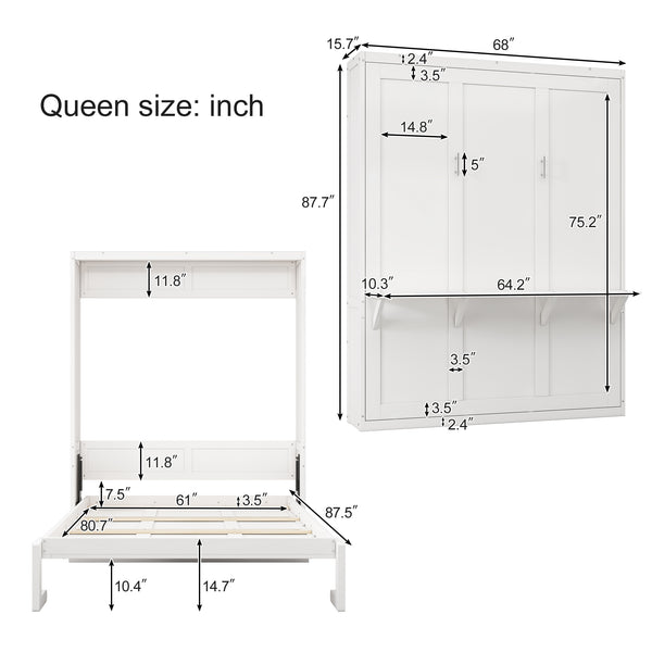English Elm Queen Murphy Bed with Desk & 1-Side Cabinet Shelf, USB Ports, Adjustable Shelves, 600lb Capacity White BS7012008104C