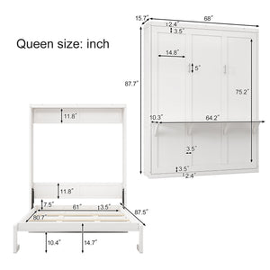 English Elm Queen Murphy Bed with Desk & Dual Bookshelves, White 68" Wall Bed, USB Charging, 600lb Capacity BS7013008104C