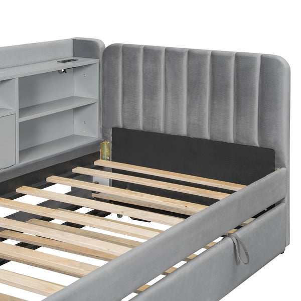 English Elm Twin Upholstered Daybed with Pull-Up Trundle, Velvet High Back with Shelves, Flip Storage & USB Gray SF000194AAE