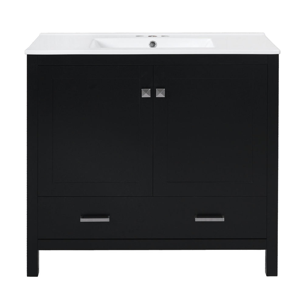 English Elm 36" Black Bathroom Vanity with Ceramic Sink, Soft-Close Doors, Divided Drawer & Double Shelves — Modern Storage Solution for Small to Medium Baths N729P276609B