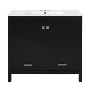 English Elm 36" Black Bathroom Vanity with Ceramic Sink, Soft-Close Doors, Divided Drawer & Double Shelves — Modern Storage Solution for Small to Medium Baths N729P276609B