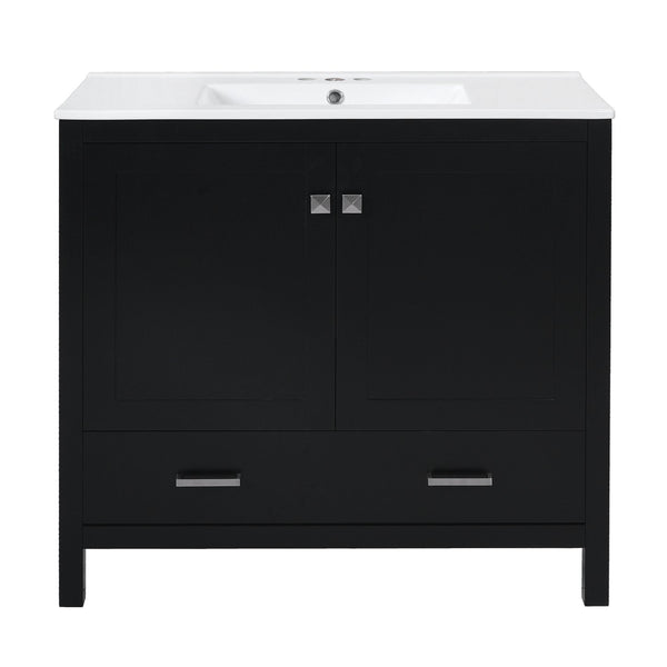 English Elm 36" Black Bathroom Vanity with Ceramic Sink, Soft-Close Doors, Divided Drawer & Double Shelves — Modern Storage Solution for Small to Medium Baths N729P276609B