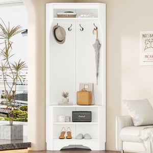 English Elm Minimalist White Corner Hall Tree with Bench Shoe Storage and Four Entryway Hooks N721P401788K