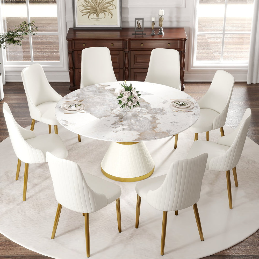 English Elm 59.05"Modern Round Dining Table With Sintered Stone Top & Carbon Steel Base - Seats 6 Comfortably! W1535S00614