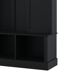 English Elm On-trend Farmhouse Hall Tree with Dual Cabinets Seven Hooks and Arched Entryway Storage Black N721S000078B