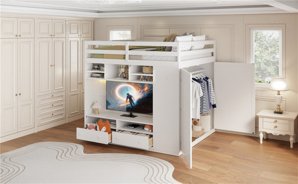 English Elm Full Size Loft Bed with Led Lighting Wardrobe Drawers and Shelves for Teen Rooms White LT000499AAK